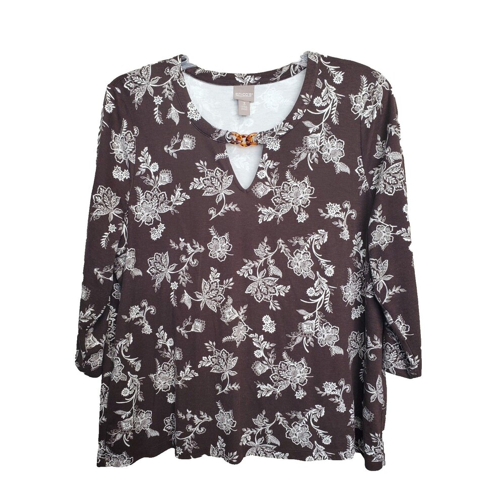Chico's Brown Floral Keyhole Neck 3/4 Sleeve Knit Top Size 3 (XL)